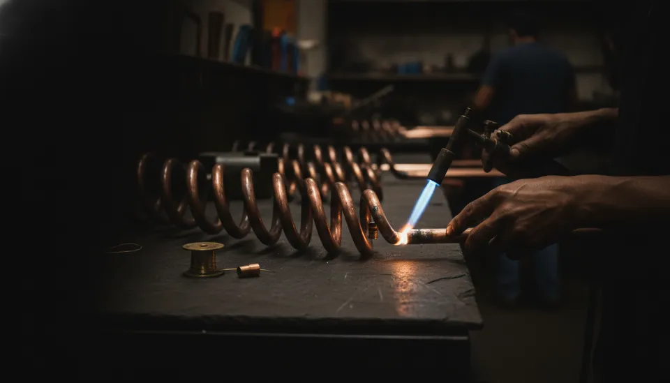 Manos soldando tuberías de cobre en un taller con luz de soplete