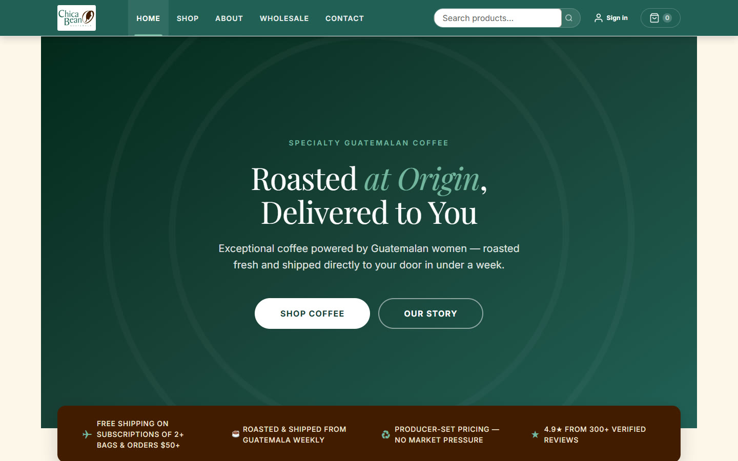 Página de inicio de chicabean.com con su promesa, el botón a la tienda y los beneficios de suscribirse
