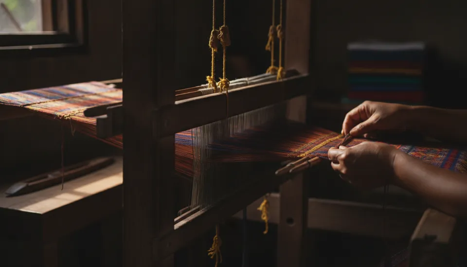 Manos de artesano trabajando en un telar de madera con hilos de colores